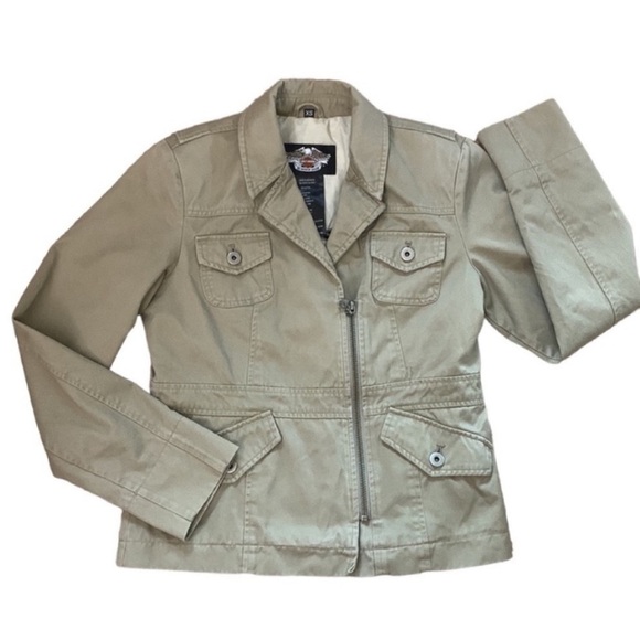 Harley Davidson‎ Tan Denim Asymmetrical Embroidered Worker Jacket Size XS - Picture 3 of 8